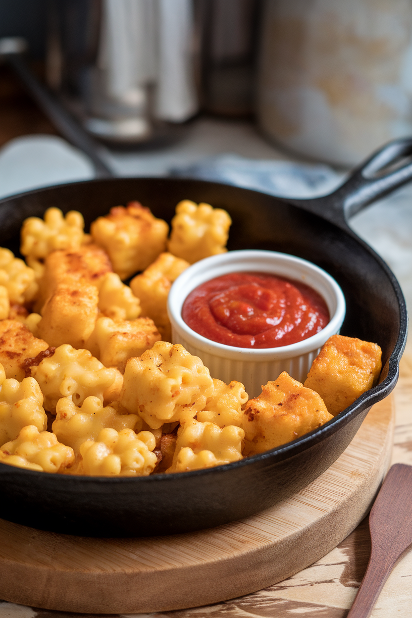An indoor cast-iron skillet lined with golden cubes of fried mac and cheese, a ramekin of marinara sauce nearby, no logos.