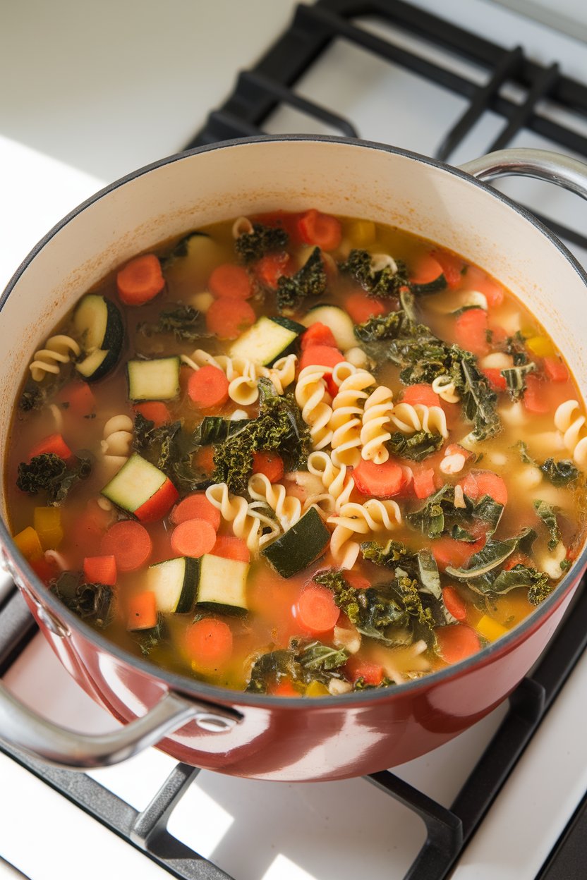 Indoor pot of colorful minestrone featuring diced vegetables, ditalini pasta, and kale ribbons; bright stove lighting, no text or logos.
