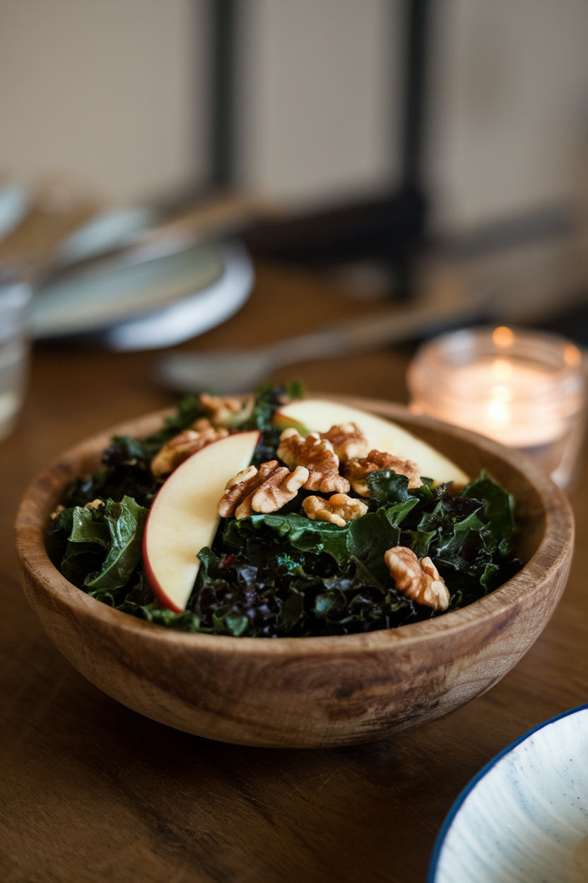 A rustic wooden bowl on an indoor dining table containing dark green kale ribbons, thin apple slices, and toasted walnuts, lightly glistening with vinaigrette. Photo, no text or logos.