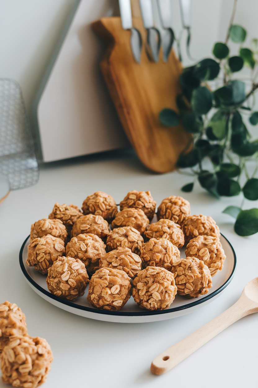 Indoor kitchen scene with a plate of round oat bites made from peanut butter, mashed banana, and rolled oats. No logos or text visible. Photo only.