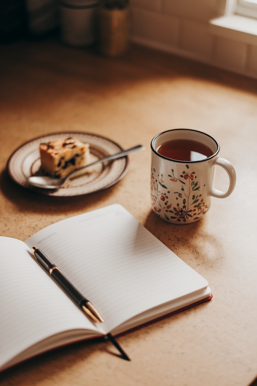 A kitchen countertop with an open notebook, pen, and a mug of herbal tea beside it, evening indoor lighting. No text or logos. Photo.