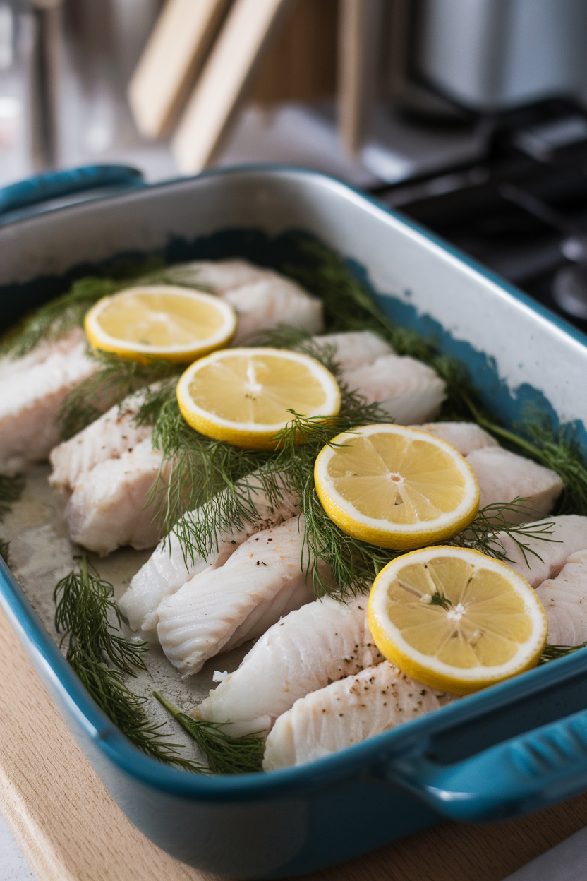 Indoor baking dish with flaky white haddock fillets topped with fresh dill and lemon slices. No text or logos. Photo, not illustration.