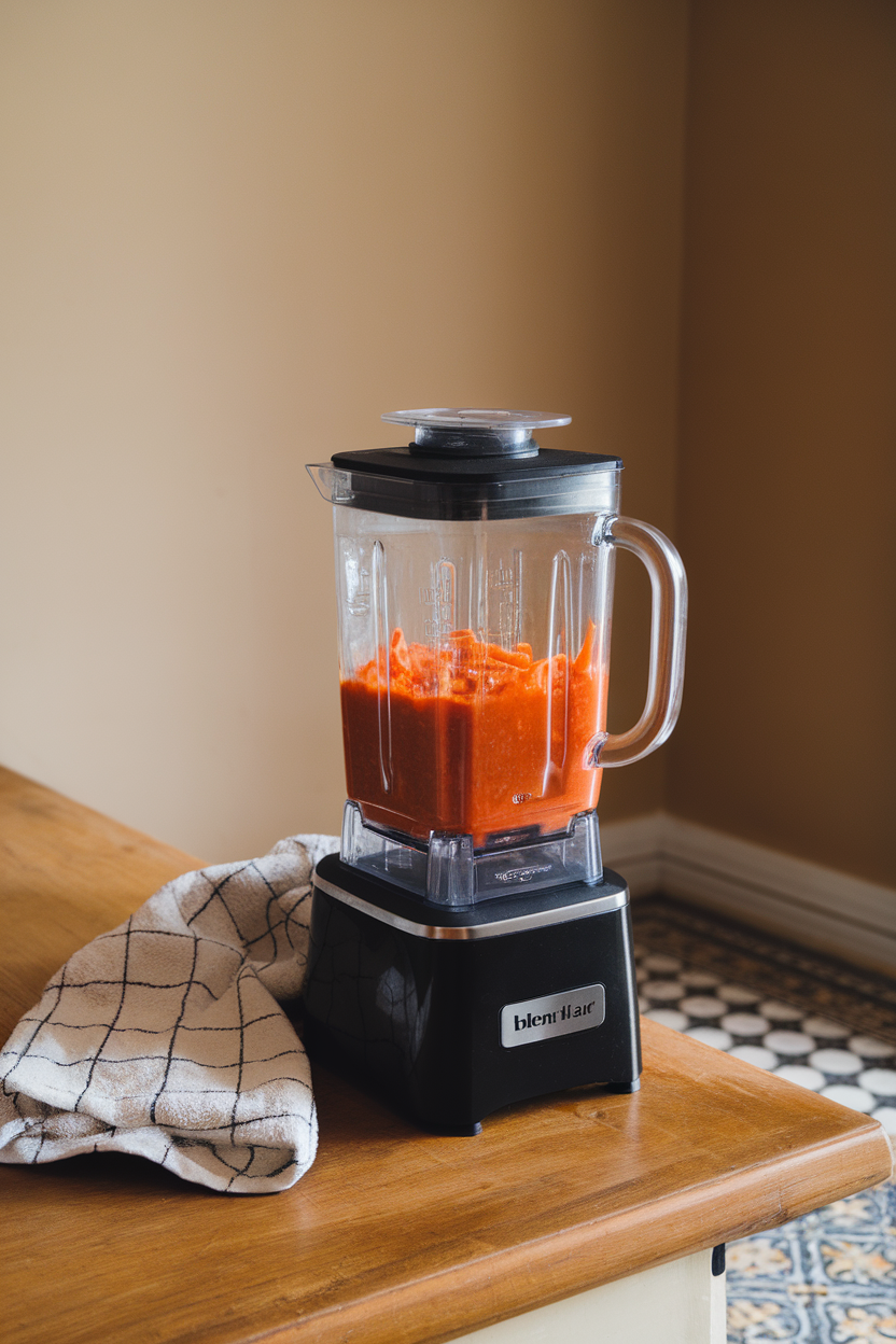 Blender jar with blended tomato sauce and visible carrot ends on counter, indoor photo, no text or logos