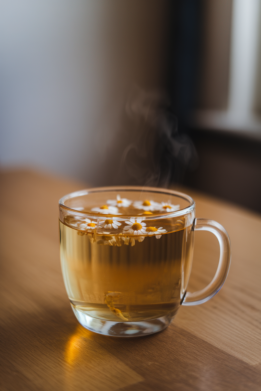 A clear glass mug of steeped chamomile tea indoors on a wooden table, soft steam rising, loose flowers visible at the bottom, no text or logos, photo.