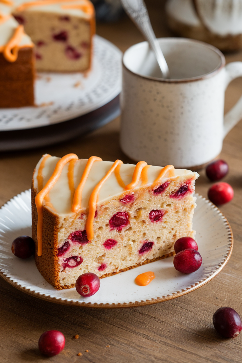 An indoor cozy kitchen scene showing a gluten-free almond cake slice speckled with cranberries and drizzled orange icing. No text or logos. Photo, not illustration.