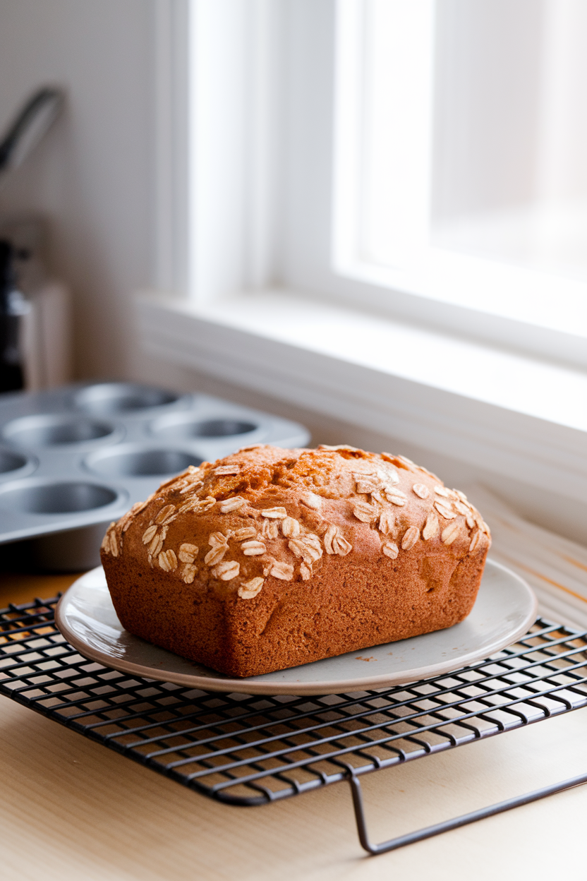 An indoor wire rack cooling a small loaf studded with oats and banana pieces, muffin tins visible in the background. No text or logos. Photo only.