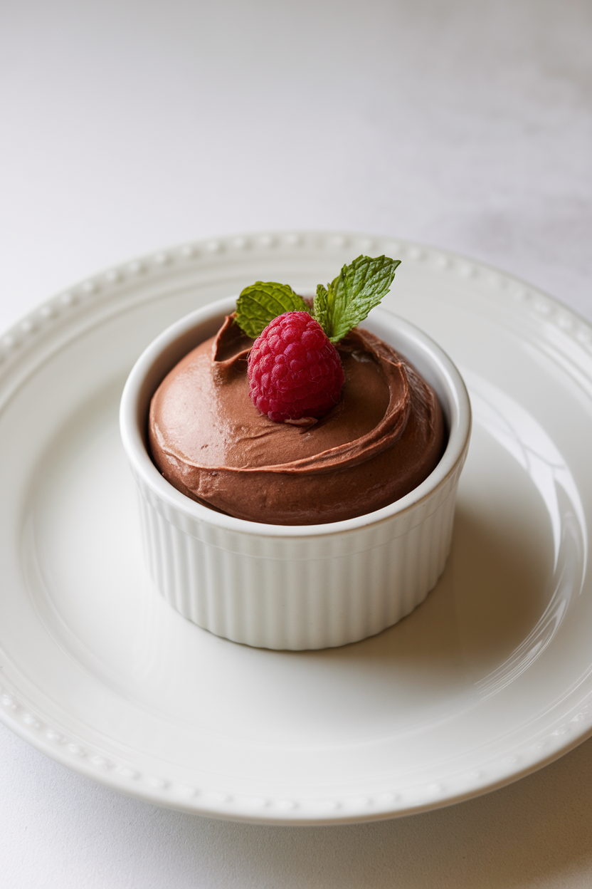 An indoor dessert ramekin filled with silky chocolate mousse, topped with a single raspberry and mint leaf. No text or logos visible. Photo only.
