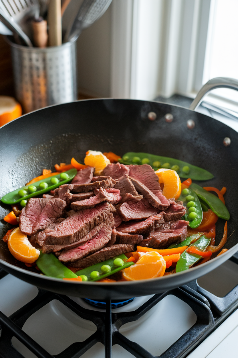 A wok on an indoor range containing thin slices of cooked beef, snap peas, bell peppers, and orange segments in a glossy ginger sauce. No text or logos. Photo.