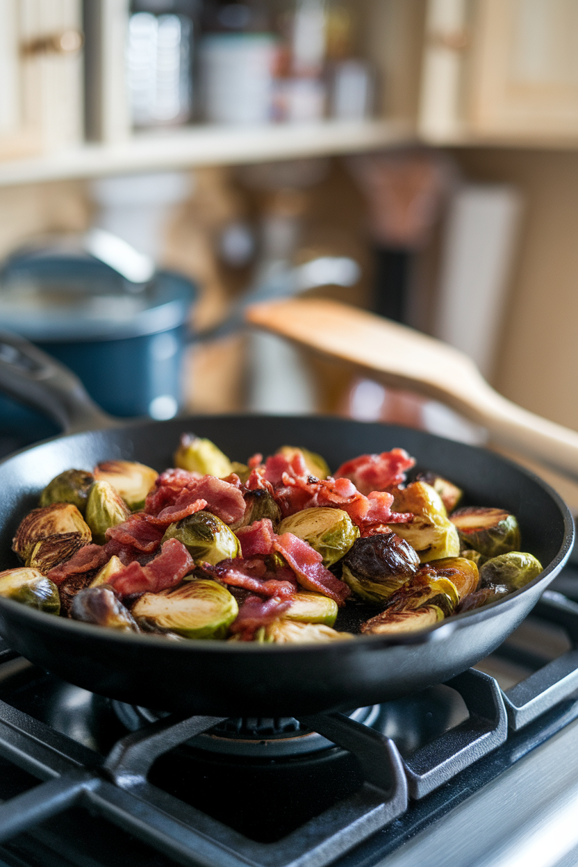 A skillet on an indoor stovetop with caramelized Brussels sprouts and crisp bacon pieces, photo, no text or logos.