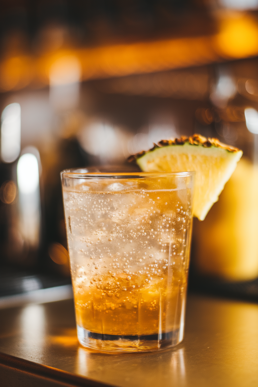 Indoor bar top featuring a clear glass of golden pineapple ginger soda, plenty of effervescent bubbles, thin slice of crystallized ginger resting on rim. Photo, no text or logos.