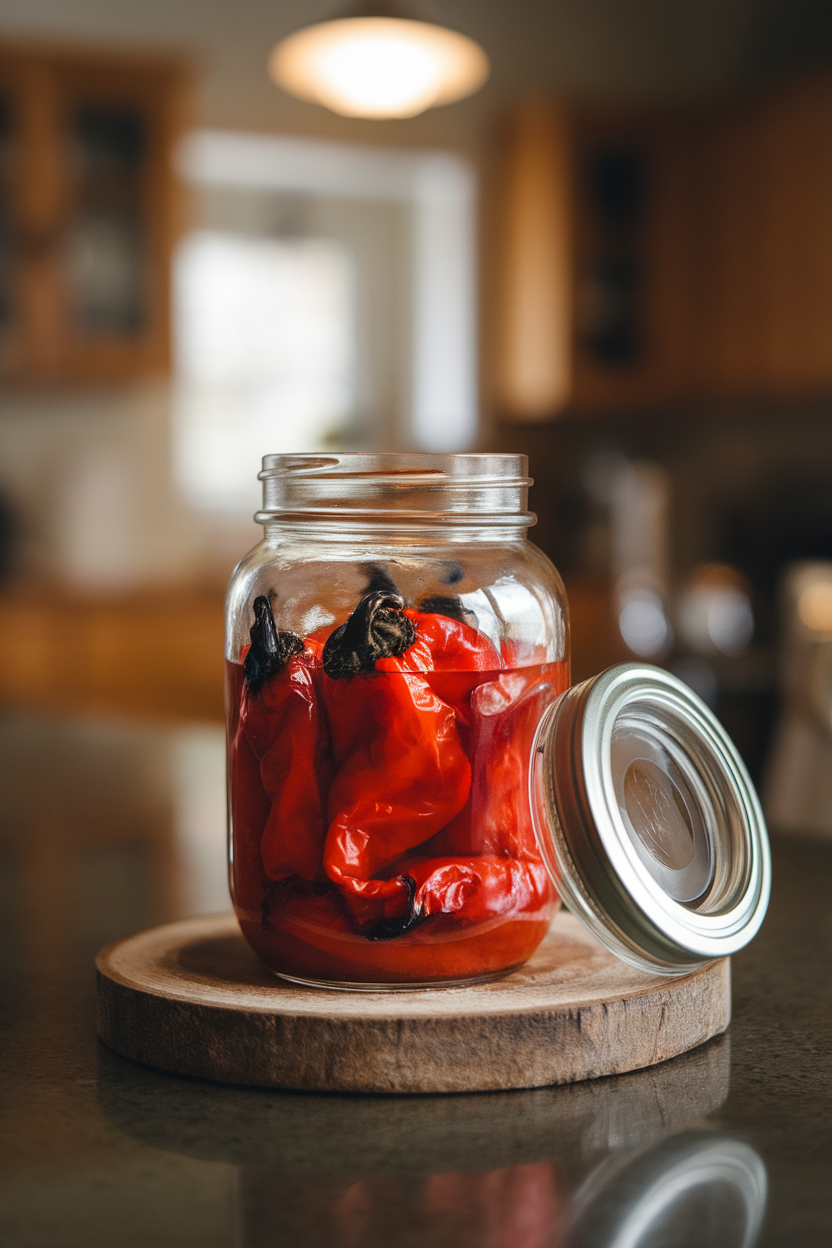 A glass jar of roasted red peppers on an indoor countertop, lid off to reveal charred skin edges and vibrant color; no text or logos, photo.