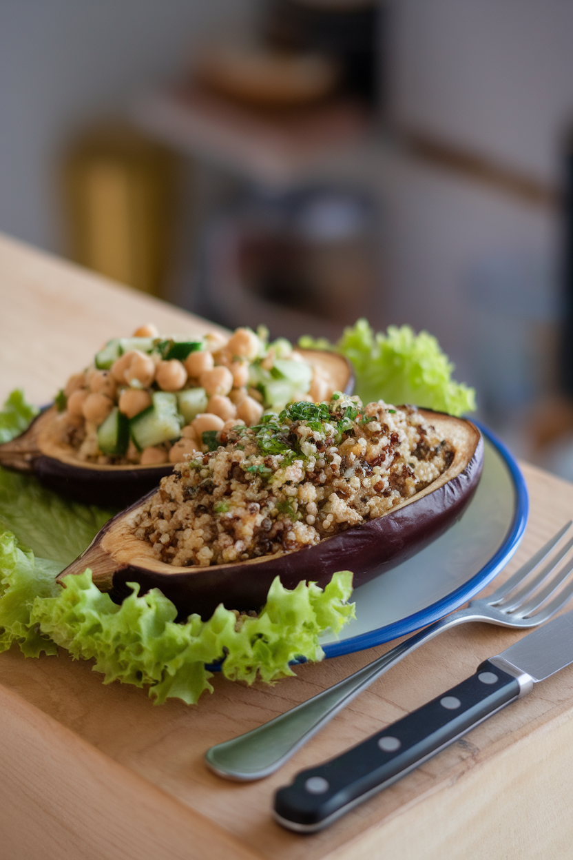 Indoor photo of halved roasted eggplant stuffed with quinoa and herbs, plus chickpea cucumber salad on a plate. No text or logos.