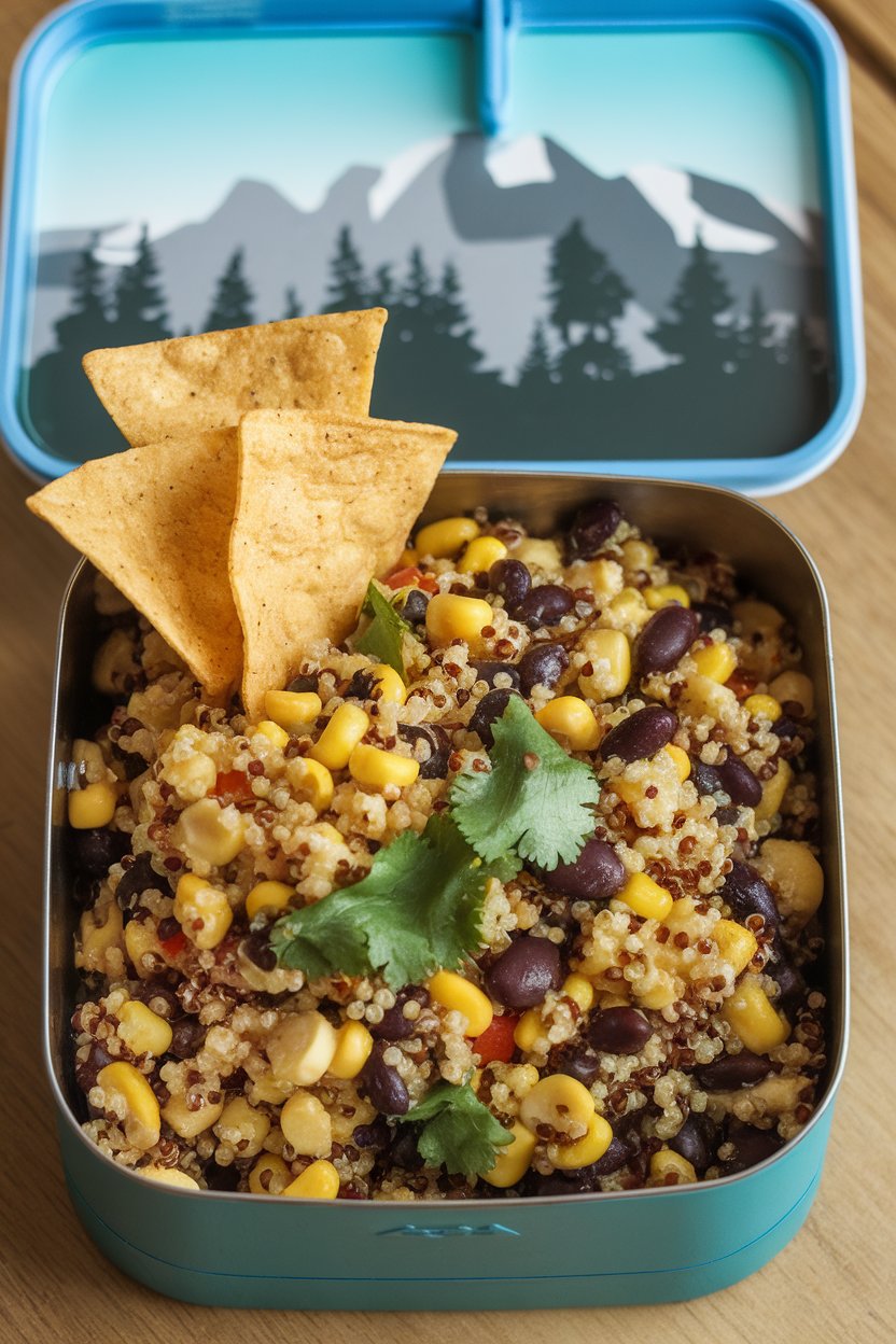 An indoor lunchbox scene featuring a colorful quinoa and black bean salad with corn and cilantro. Photo, no text or logos.