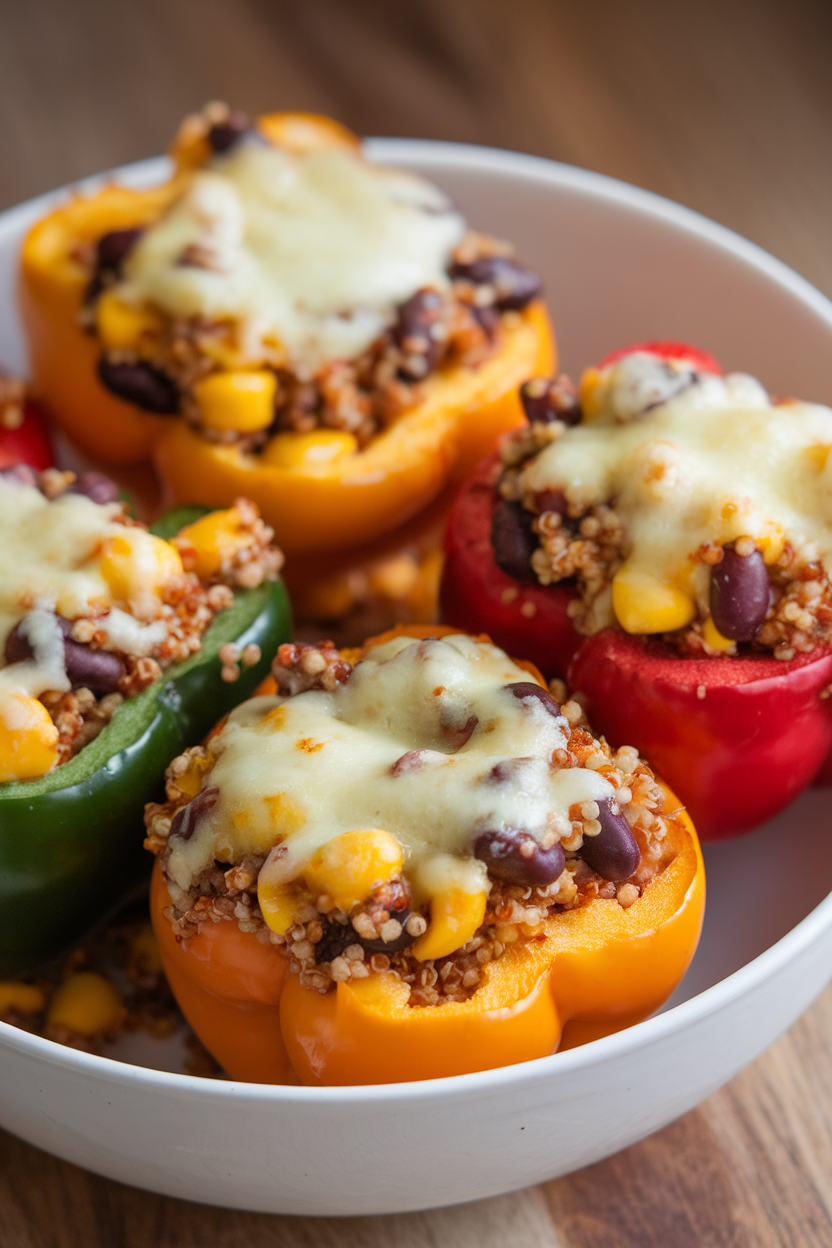 Indoor photo of colorful bell peppers filled with quinoa, black beans, and corn, melted cheese topping, no text or logos.
