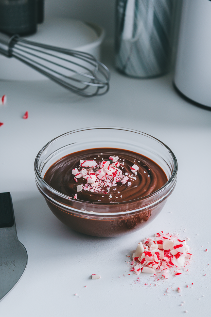 Indoor kitchen counter with glossy mocha ganache in a bowl and crushed peppermint ready to sprinkle, no text or logos