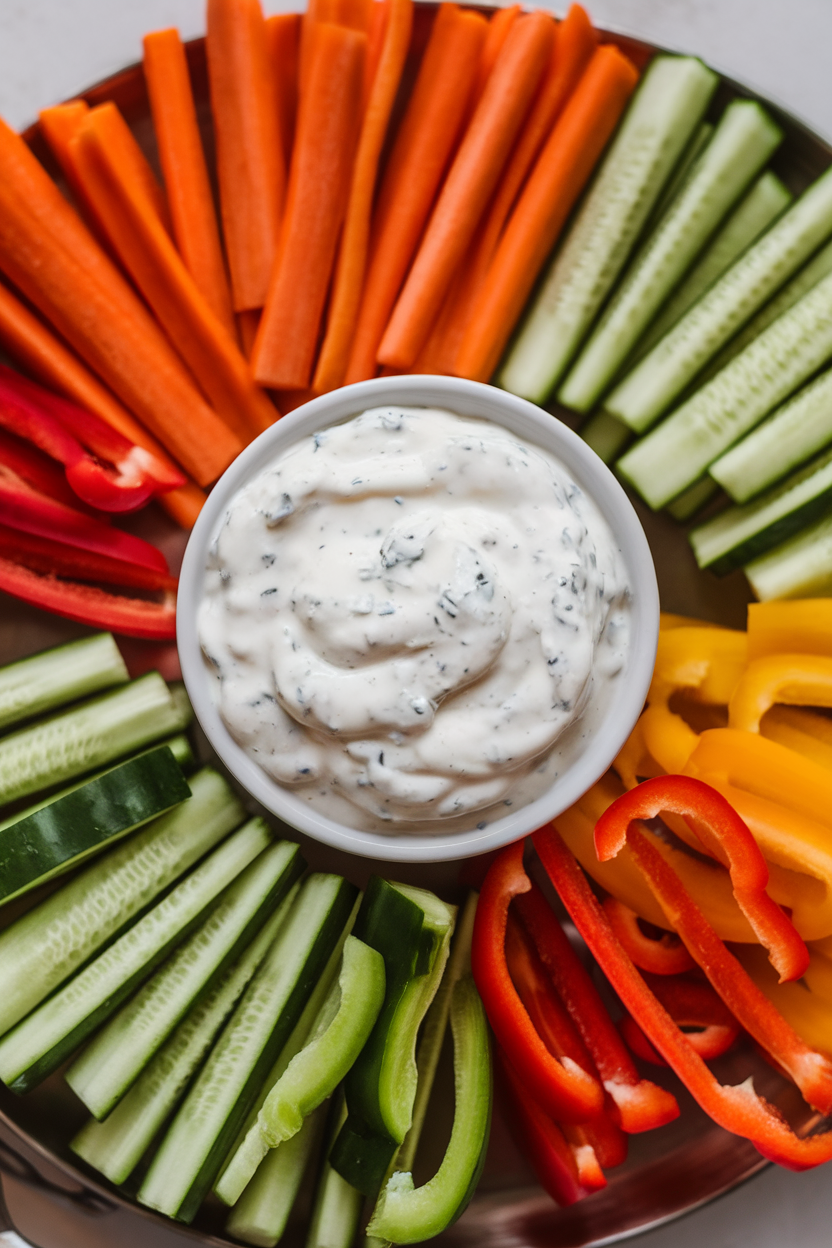 A small indoor bowl of creamy ranch dip surrounded by colorful raw veggies—carrot sticks, cucumber rounds, and bell pepper strips—on a platter. No text or logos. Photo only.