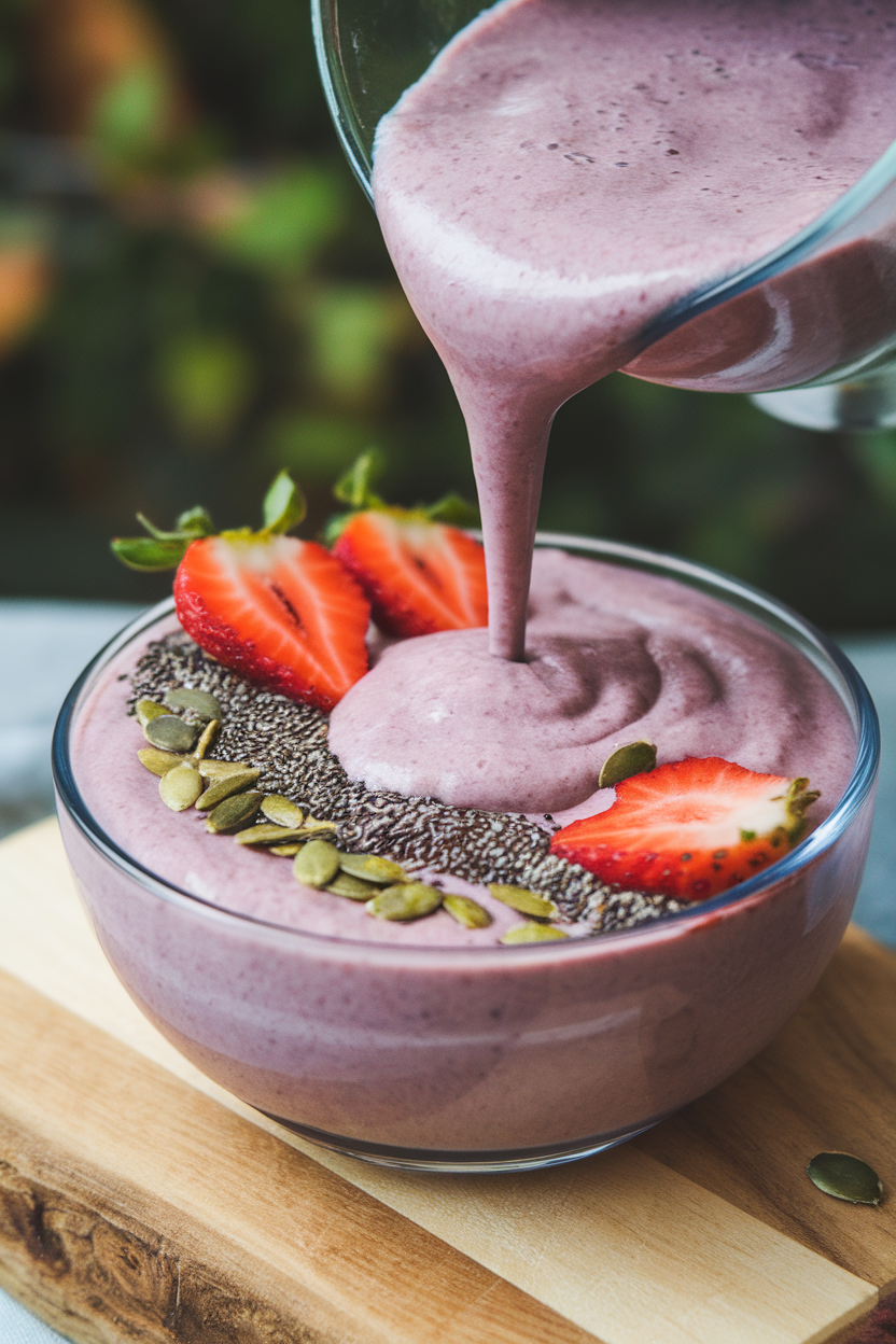 Indoor photo of a thick purple smoothie poured into a bowl, topped with sliced strawberries, chia seeds, and pumpkin seeds. No text or logos.