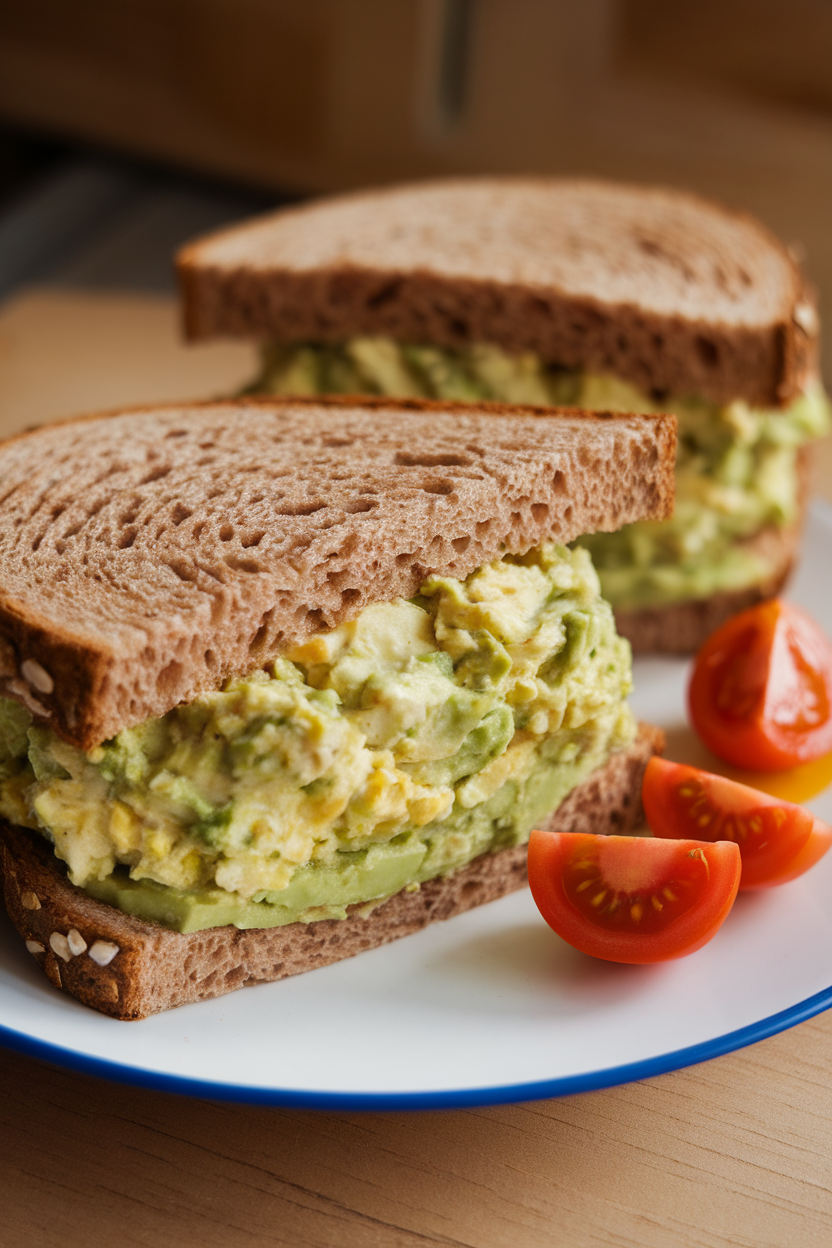 Indoor plate with whole-grain sandwich halves showing green avocado egg salad filling, small grape tomatoes on the side. No text or logos.