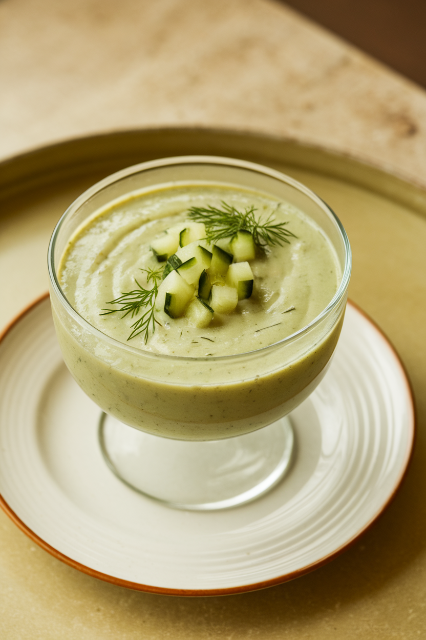 Indoor photo of a chilled pale-green soup served in a clear glass bowl, garnished with diced cucumber and dill; overhead light, no text or logos