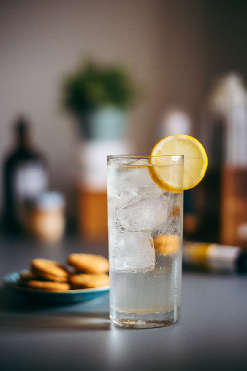 Indoor scene with a tall highball glass of pale ginger cocktail, plenty of ice, and a thin lemon wheel; small ginger cookies on a plate nearby. No text or logos; photograph, not illustration.