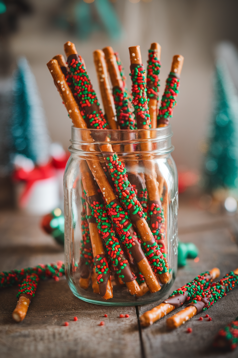 An indoor holiday jar of long pretzel rods half-dipped in chocolate and coated with red and green sprinkles, no logos on jar.