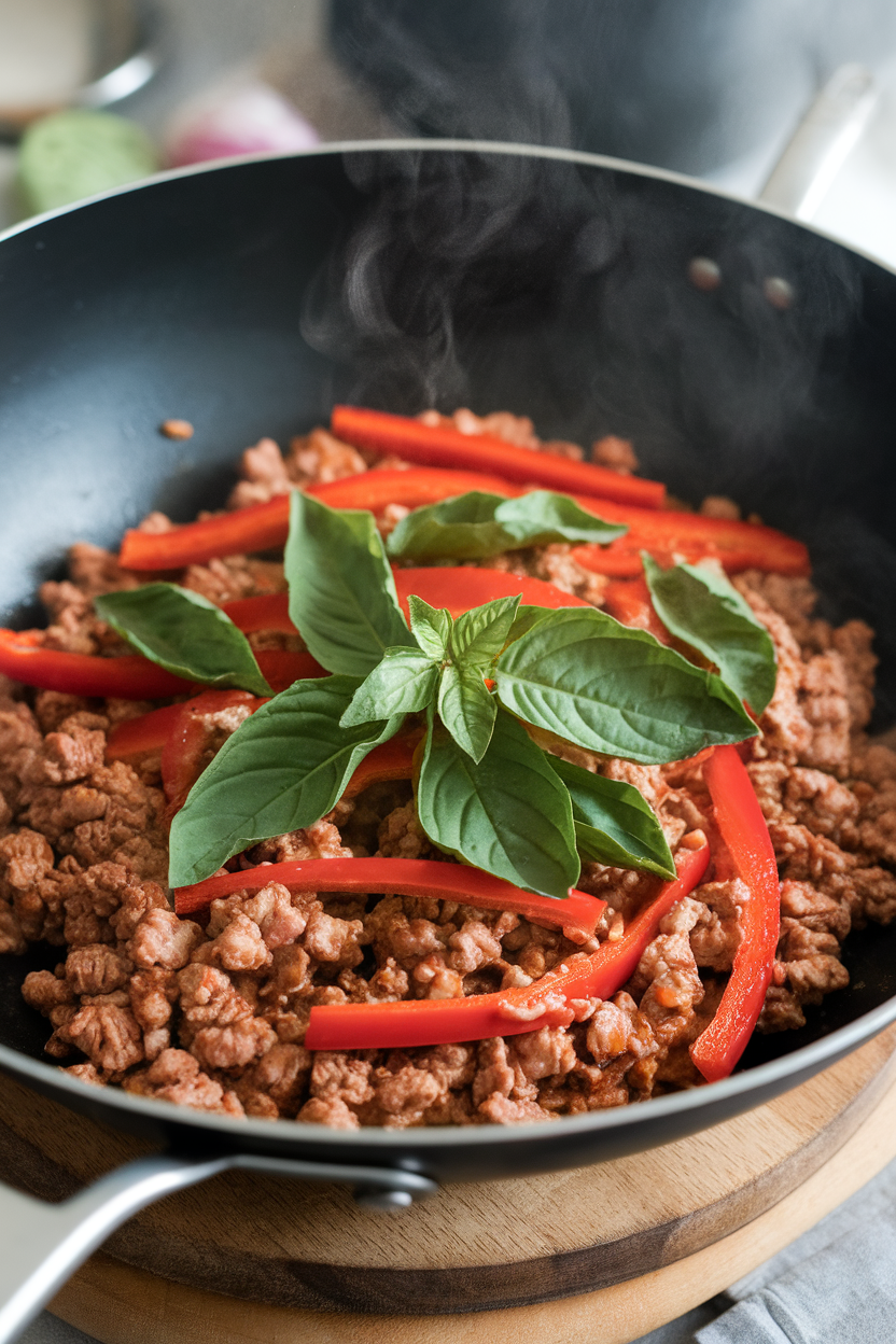 Indoor photo of a wok filled with saucy ground turkey, red bell pepper strips, and vibrant Thai basil, steam rising, no text or logos.