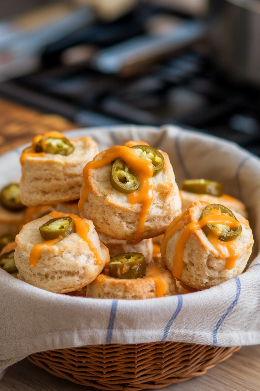 An indoor basket lined with cloth holding flaky biscuits dotted with jalapeño and melted cheddar pockets, no text or logos.