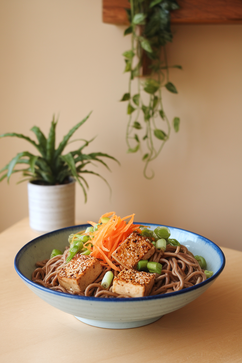 An indoor dining table displaying a bowl of buckwheat soba noodles mixed with seared sesame-crusted tofu cubes, scallions, and julienned carrots. No text or logos. Photo.