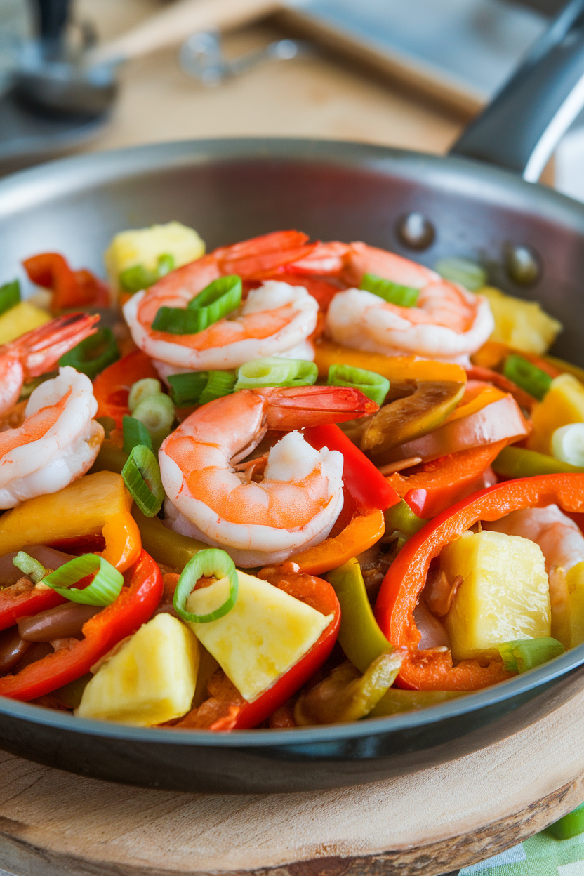 Indoor skillet photo of colorful stir-fry with cooked shrimp, pineapple chunks, bell peppers, and light teriyaki glaze; no text or logos.