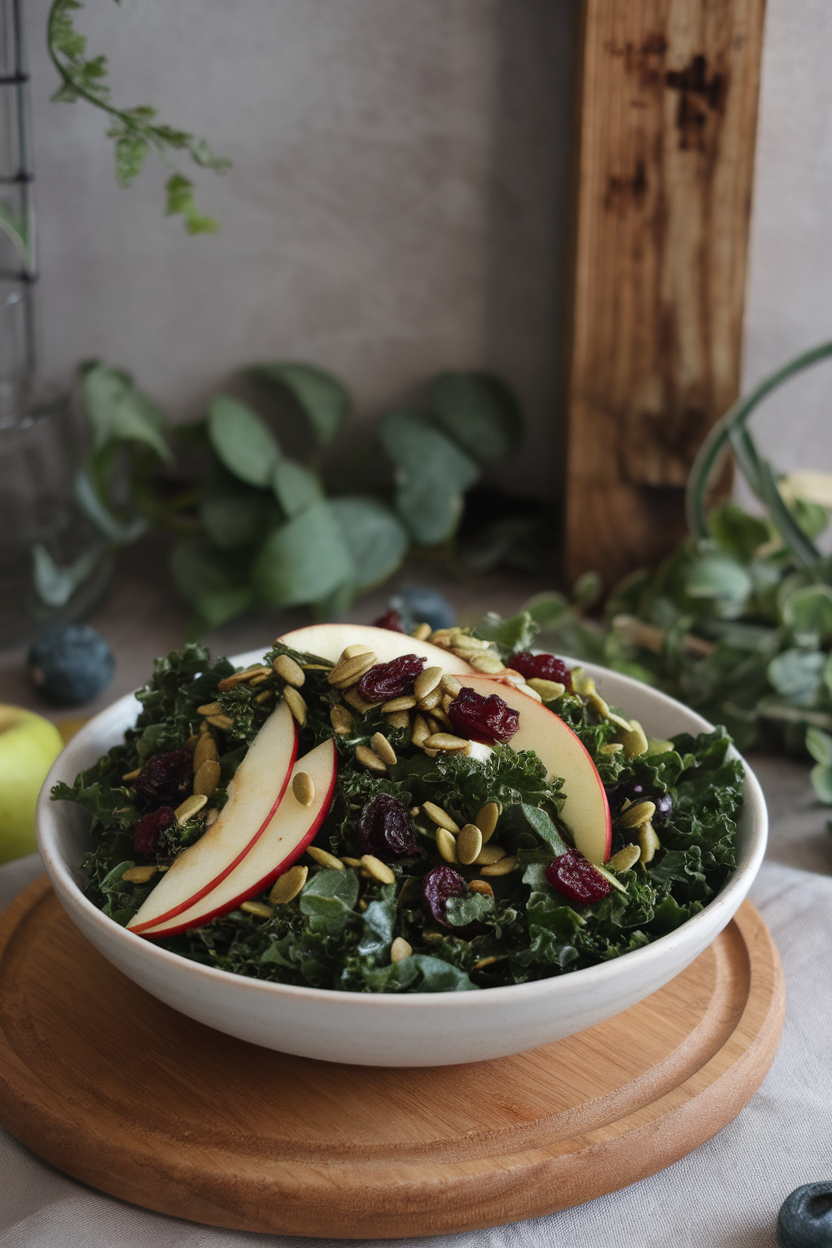 An indoor salad bowl brimming with dark green kale ribbons, thin apple slices, dried cranberries, and toasted pumpkin seeds, lightly dressed. This should be a photo, not an illustration. No text or logos anywhere in the scene.