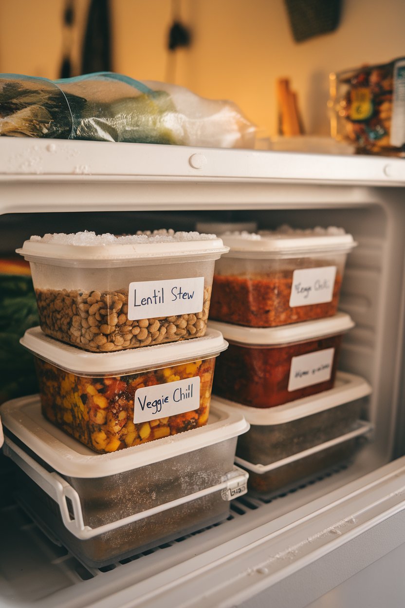 Photo of an open freezer drawer holding several neatly stacked homemade containers labeled “Lentil Stew” and “Veggie Chili.” Indoor lighting, no text or logos.
