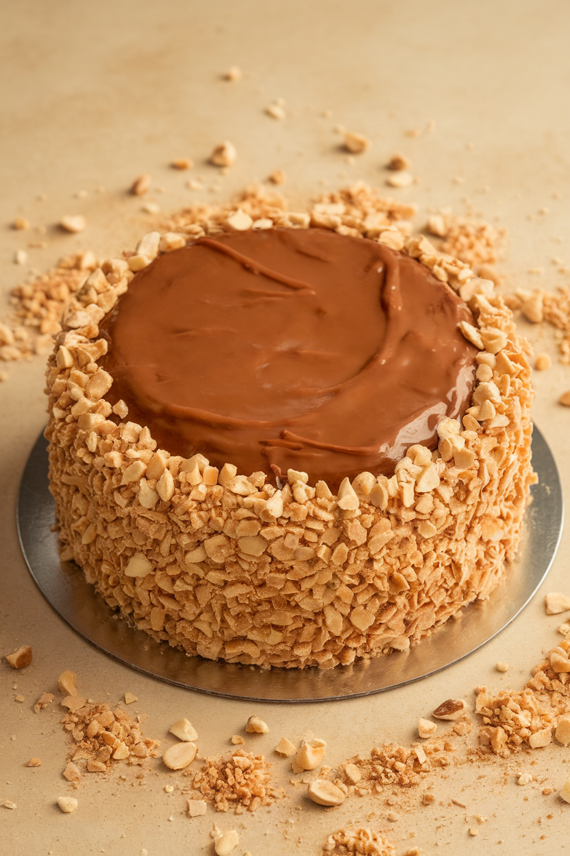 Indoor photo of crushed hazelnut praline encircling a cake on a turntable, no text or logos