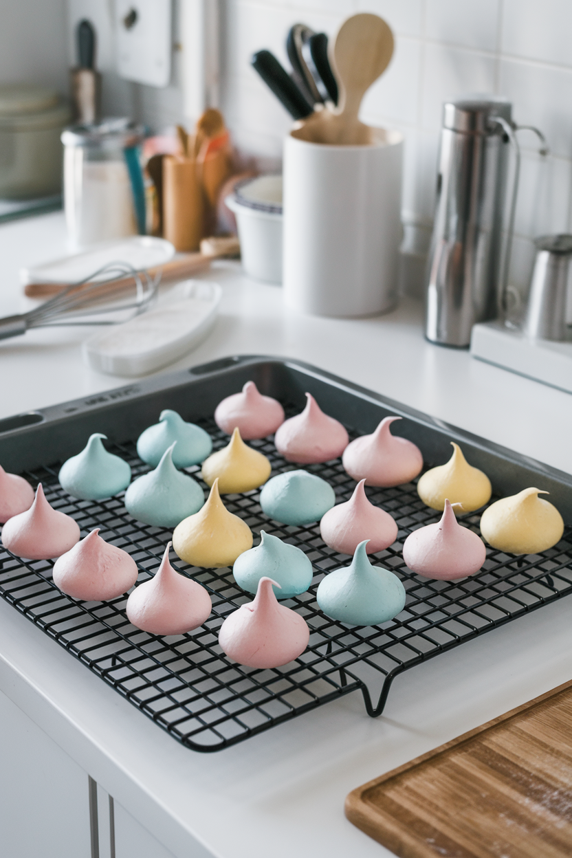 A photo inside a kitchen showing pastel meringue kisses cooling on a baking tray, no text or logos