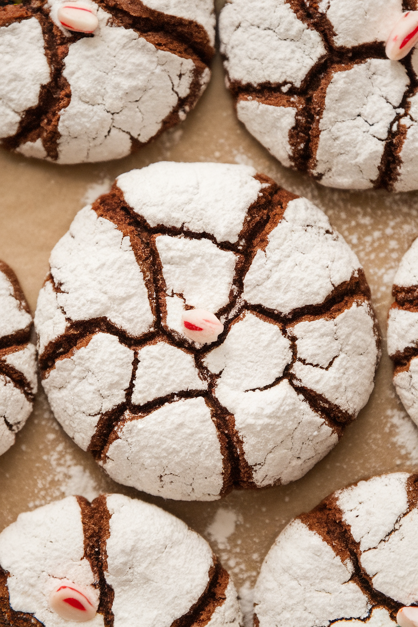 Indoor close-up of crackled chocolate cookies coated in powdered sugar, tiny peppermint bits visible in the cracks; no text or logos.