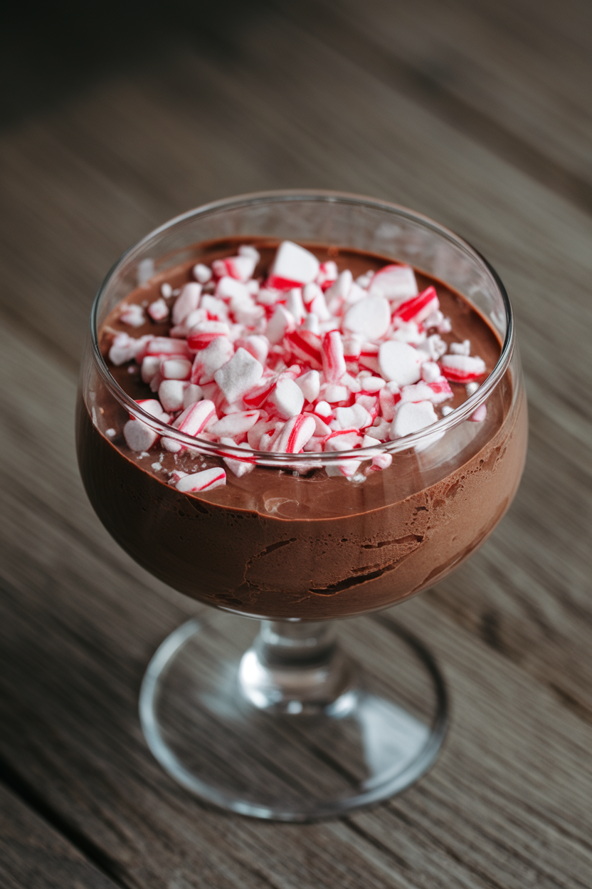 An indoor dessert glass filled with dark chocolate mousse topped with crushed candy canes, photo, no text or logos.