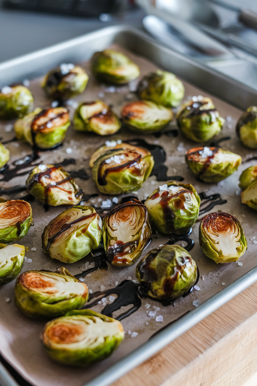 Indoor baking sheet of halved Brussels sprouts caramelized and glazed with balsamic reduction, scattered sea salt visible. No text or logos. Photo only.
