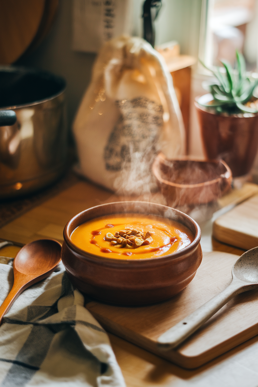 A warmly lit indoor kitchen counter displaying a steaming ceramic bowl of creamy orange butternut squash soup drizzled with maple syrup and topped with toasted pepitas. No text or logos in view. Photo, not illustration.
