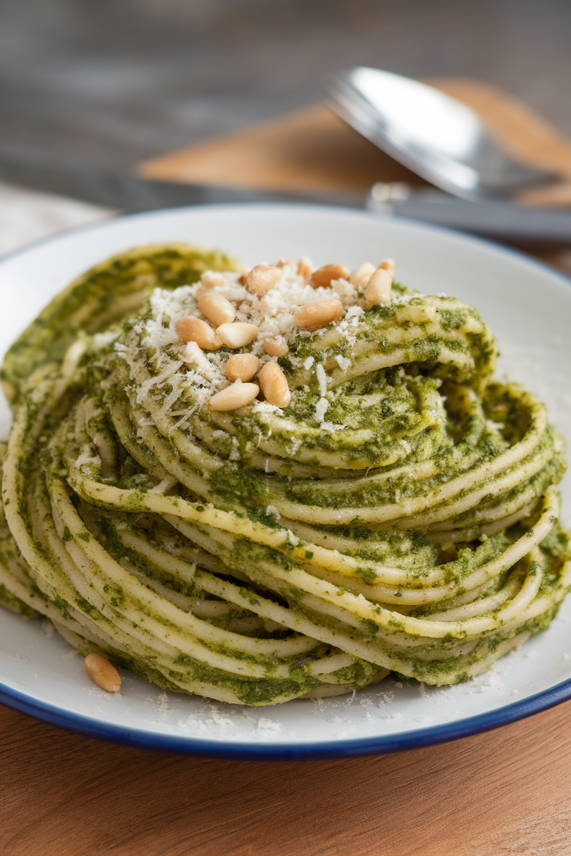 Indoor plate of whole-wheat pasta coated in vibrant green spinach pesto, sprinkled with grated Parmesan and pine nuts. No logos or text.