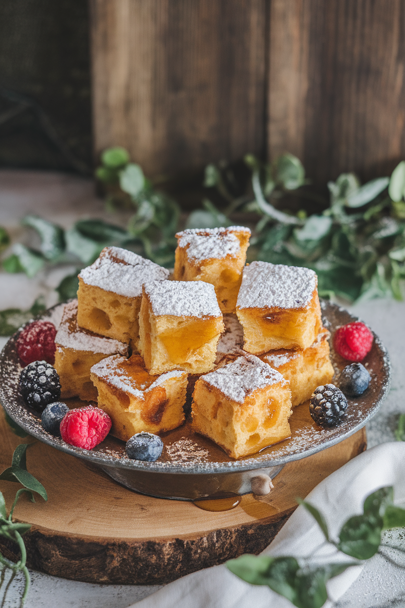 Photo indoors of bite-size cubes of panettone French toast dusted with powdered sugar, arranged on a serving platter. No text or logos visible.