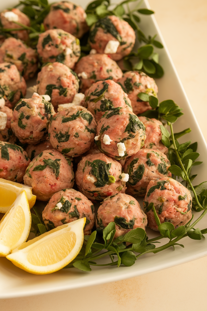 Indoor photo of small turkey meatballs flecked with spinach and feta on a white platter with lemon wedges; warm light, no text or logos
