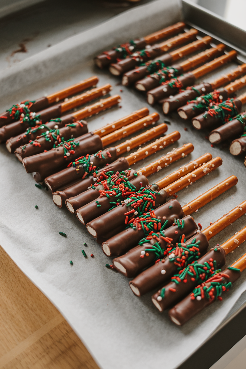 A kitchen countertop lined with parchment holding pretzel rods half-dipped in milk chocolate and sprinkled with red and green sprinkles, shot from a 45-degree angle. No text or logos, photo only.