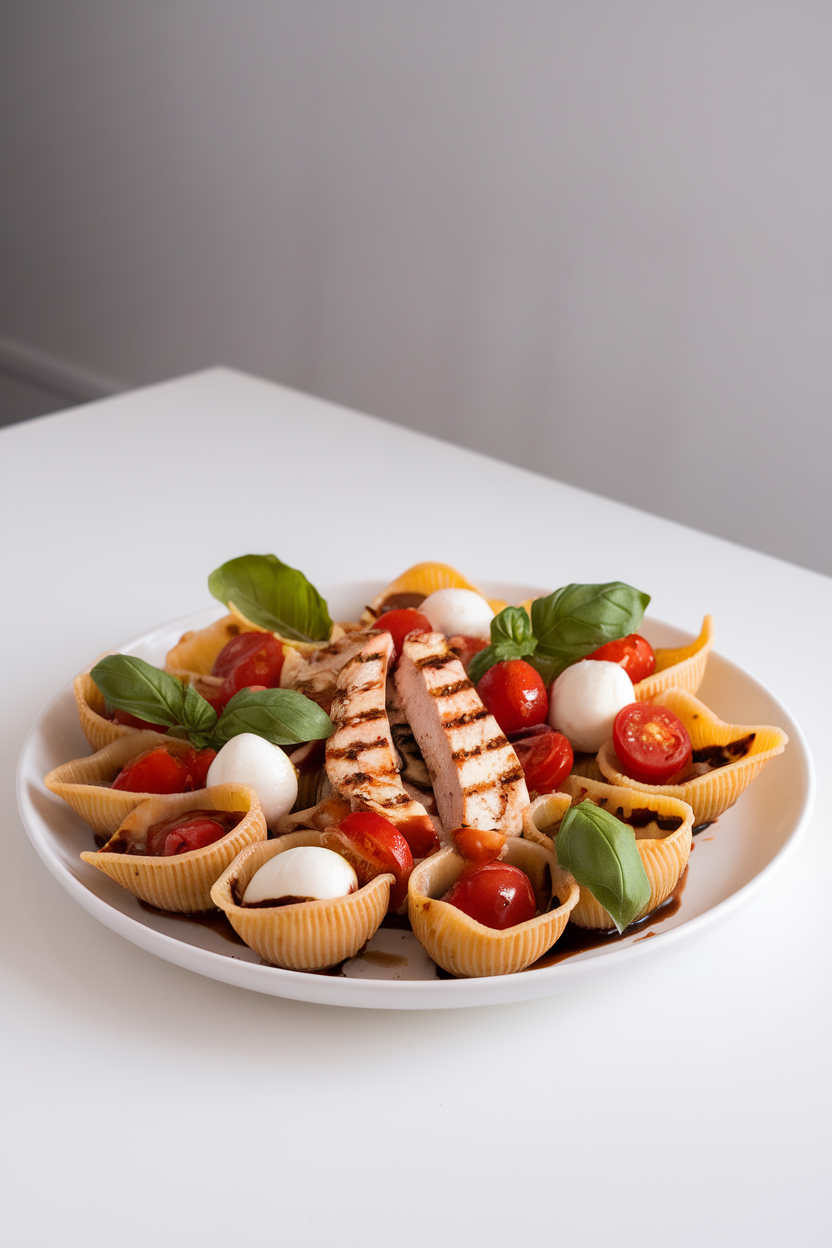 Indoor photo of whole-grain pasta shells with grilled chicken strips, cherry tomatoes, mozzarella pearls, and basil leaves, lightly dressed in balsamic. Soft indoor light, no text or logos.