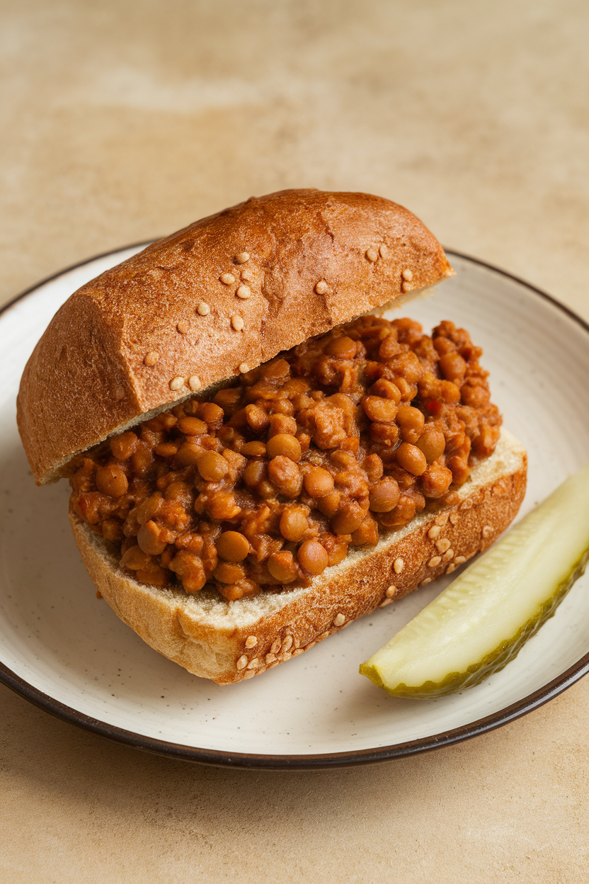 Indoor kitchen scene with a whole-grain bun filled with saucy lentil mixture, small pickle spear on the side. No text or logos visible.