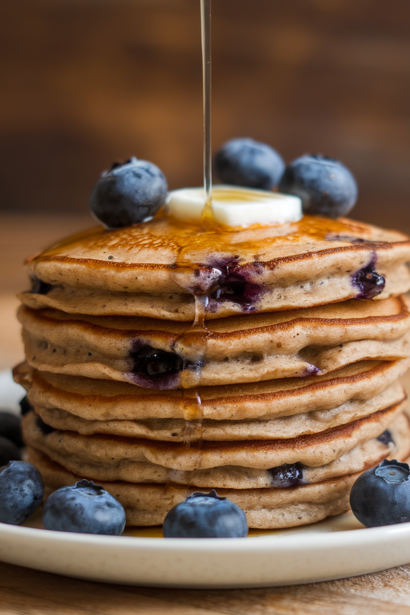 Indoor stack photo of buckwheat pancakes dotted with blueberries, a pat of coconut oil melting on top, no text or logos.