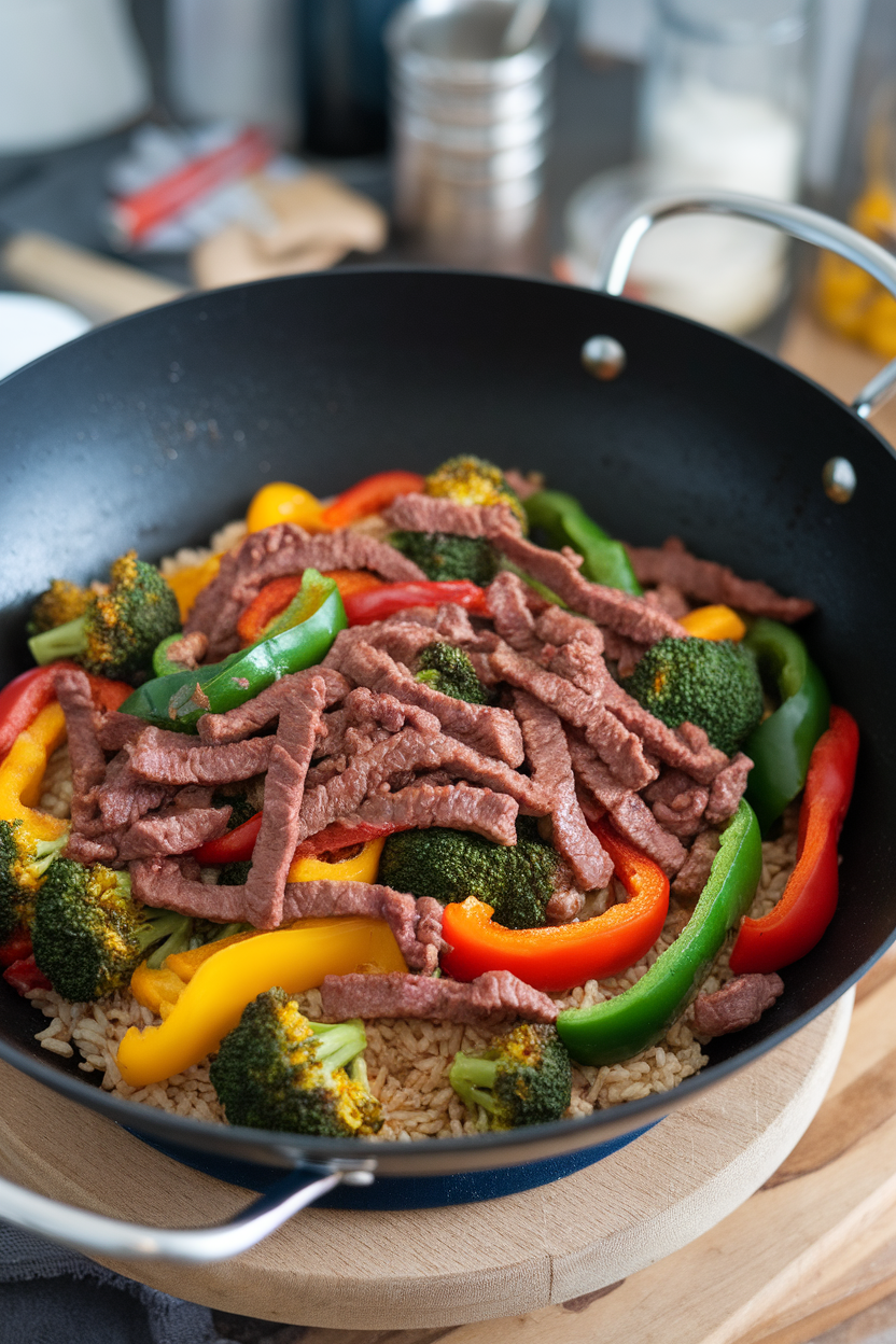Indoor wok scene showing colorful bell peppers and broccoli mixed with strips of ground beef over brown rice—no text or logos.