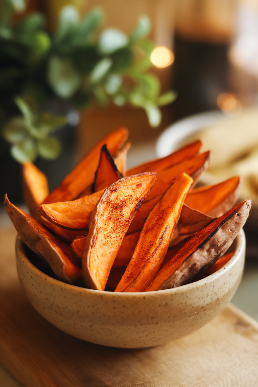 A bowl of crispy air-fried sweet potato wedges sprinkled with paprika, photographed indoors. No text or logos.