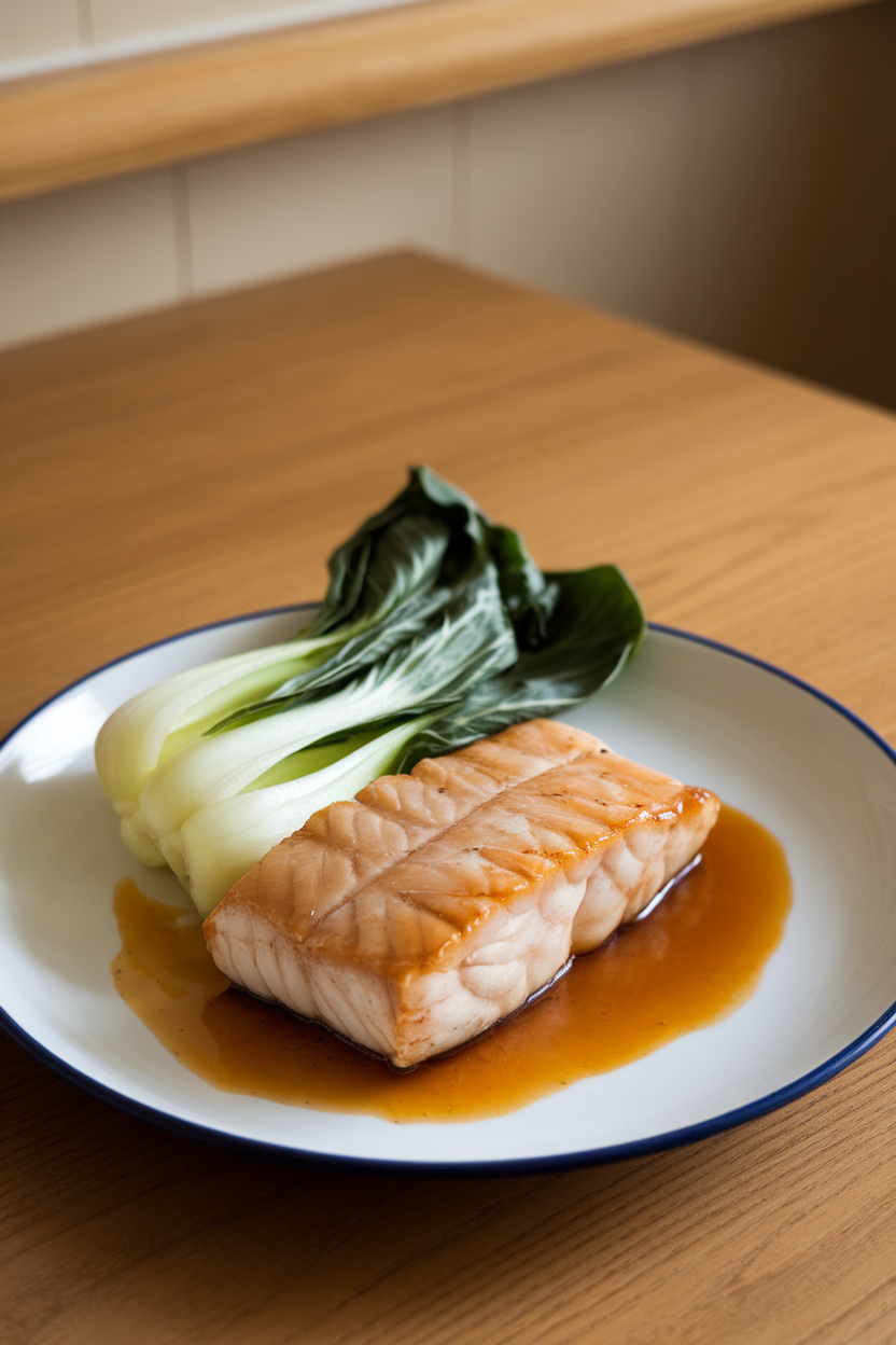An indoor dining setting showing a plate of cooked cod fillet glazed in amber miso sauce, tender bok choy arranged artistically on the side. No text or logos anywhere.