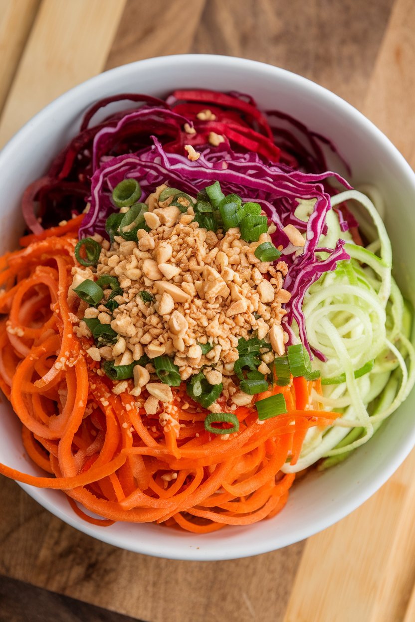 An indoor bowl packed with spiralized carrot, beet, zucchini, and red cabbage noodles, drizzled with sesame dressing. No logos or text.
