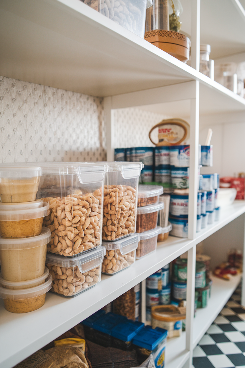 Indoor pantry shelf with tuna packed in water, plain nuts, and shelf-stable hummus cups—photo.