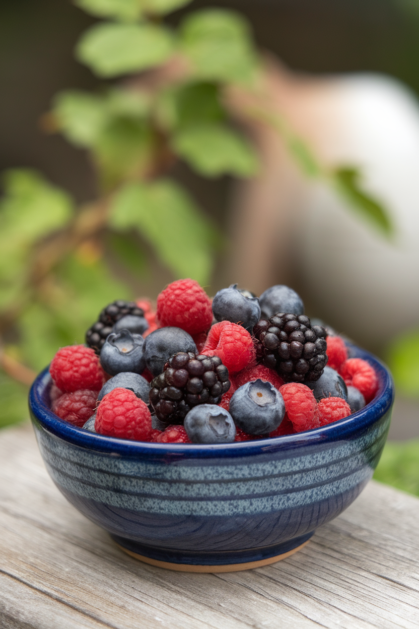 Photo of an indoor ceramic bowl brimming with mixed berries—raspberries, blueberries, blackberries—no text or logos.